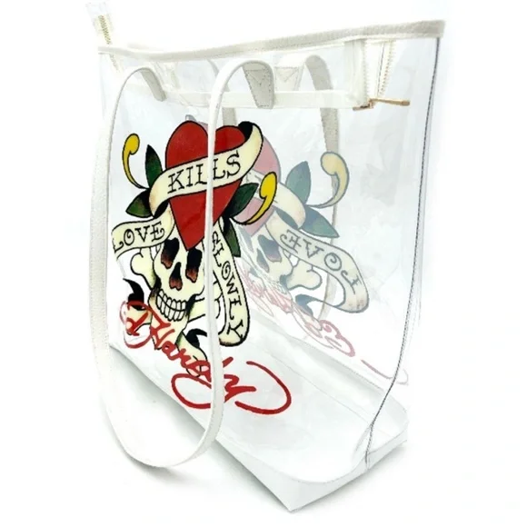 NWT Ed Hardy BIG clear stadium bag PVC Zip tote Leather Trim ~ Love Kills Slowly - Picture 5 of 16
